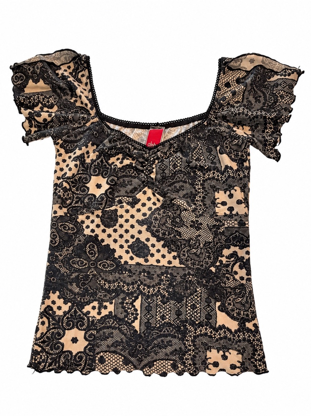DMBM VINTAGE Y2K LACE PRINT RUFFLE TOP WOMENS SMALL BLACK TAN INTRACATE BEAUTIFU